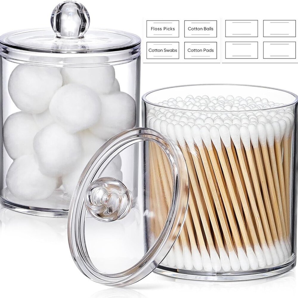 2 Pack Acrylic Qtip Holder Dispenser for Cotton Swabs, Balls, Pads, Floss Picks-
